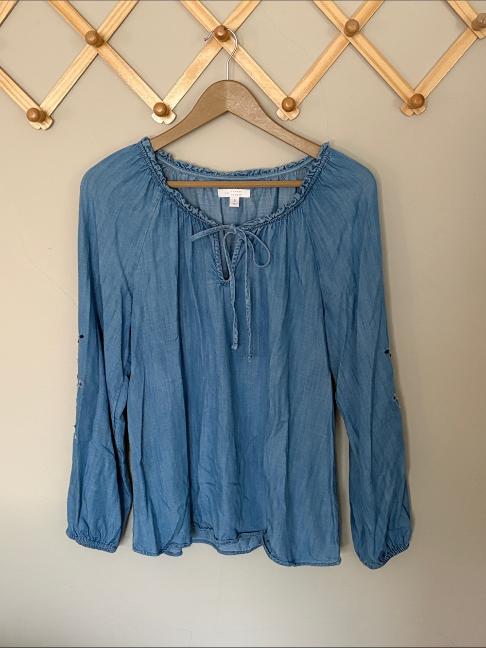 LC Lauren Conrad Chambray Blue Peasant Blouse with Tie Neck